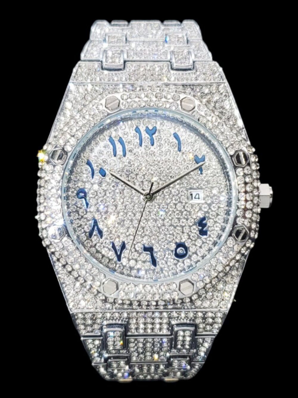 Bust Down Date Arabic Numerals VVS Iced Out Diamond Watch, Big Mens Watch
